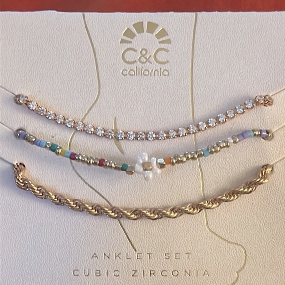 Brand New C&C California Anklet Set Daisy Beaded Gold Tone Braided Rhinestone - Picture 4 of 10